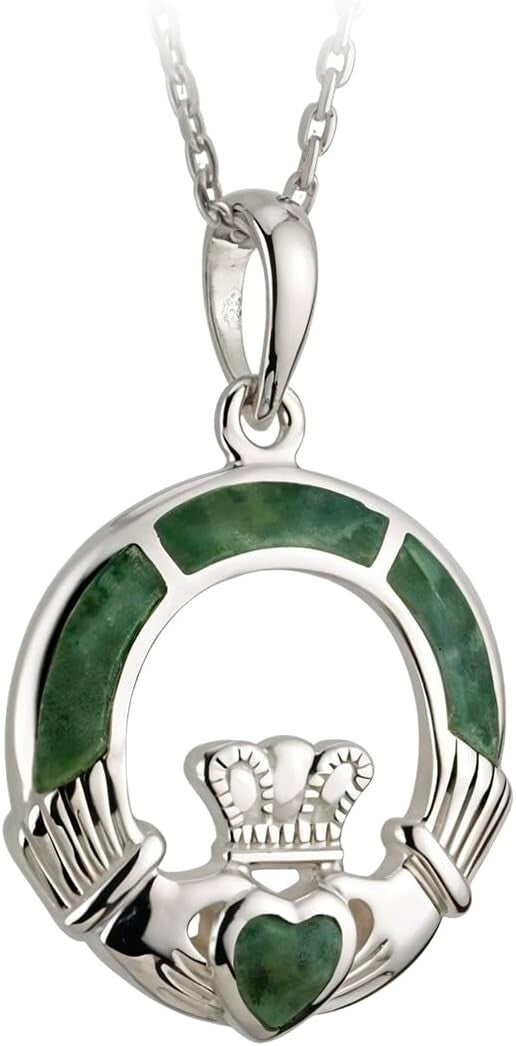Artisan Irish Claddagh Pendant with Connemara Marble - Elegant Celtic Jewelry
