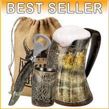 Load image into Gallery viewer, Authentic 16oz Ox Horn Mug Set: Vintage Viking Tankard with Shot Glass &amp; Opener
