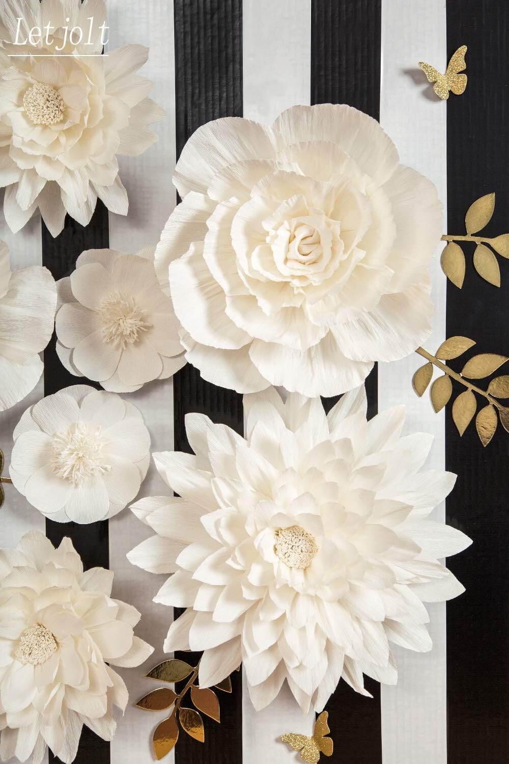 8PC White Paper Flowers with Gold Leaves & Butterflies - Perfect for Weddings