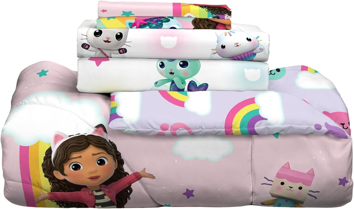 Gabby’s Dollhouse Cartoon Character Twin Bedding Set - 5-Piece Soft Microfiber