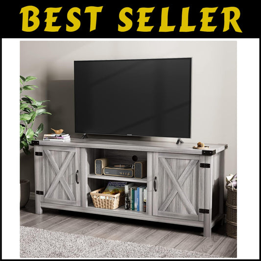 Rustic Gray Wash Barn Door Media Console - Ideal for Living Room and TV Storage