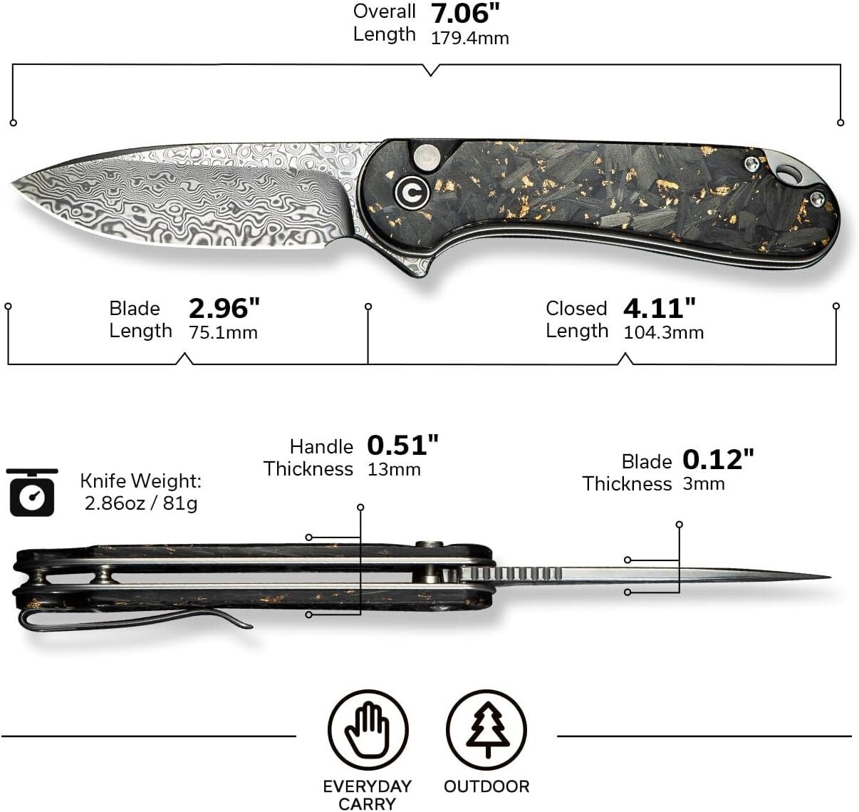 Elegant 2.96" Damascus Blade Knife with Deep Carry Clip for EDC Enthusiasts