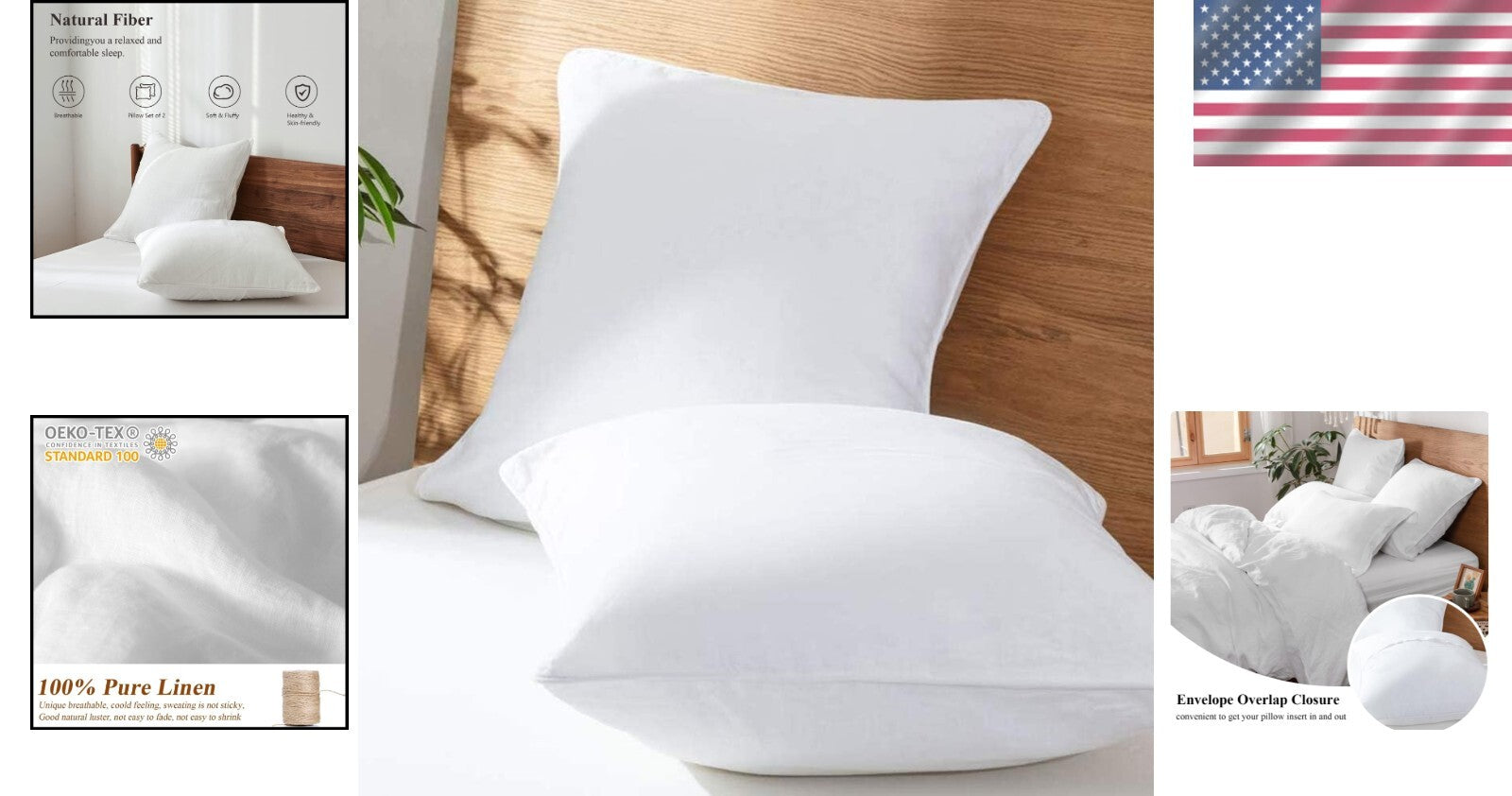 Classic White Trim Linen Euro Pillow Shams - Set of 2, 26"x26" Luxury Covers