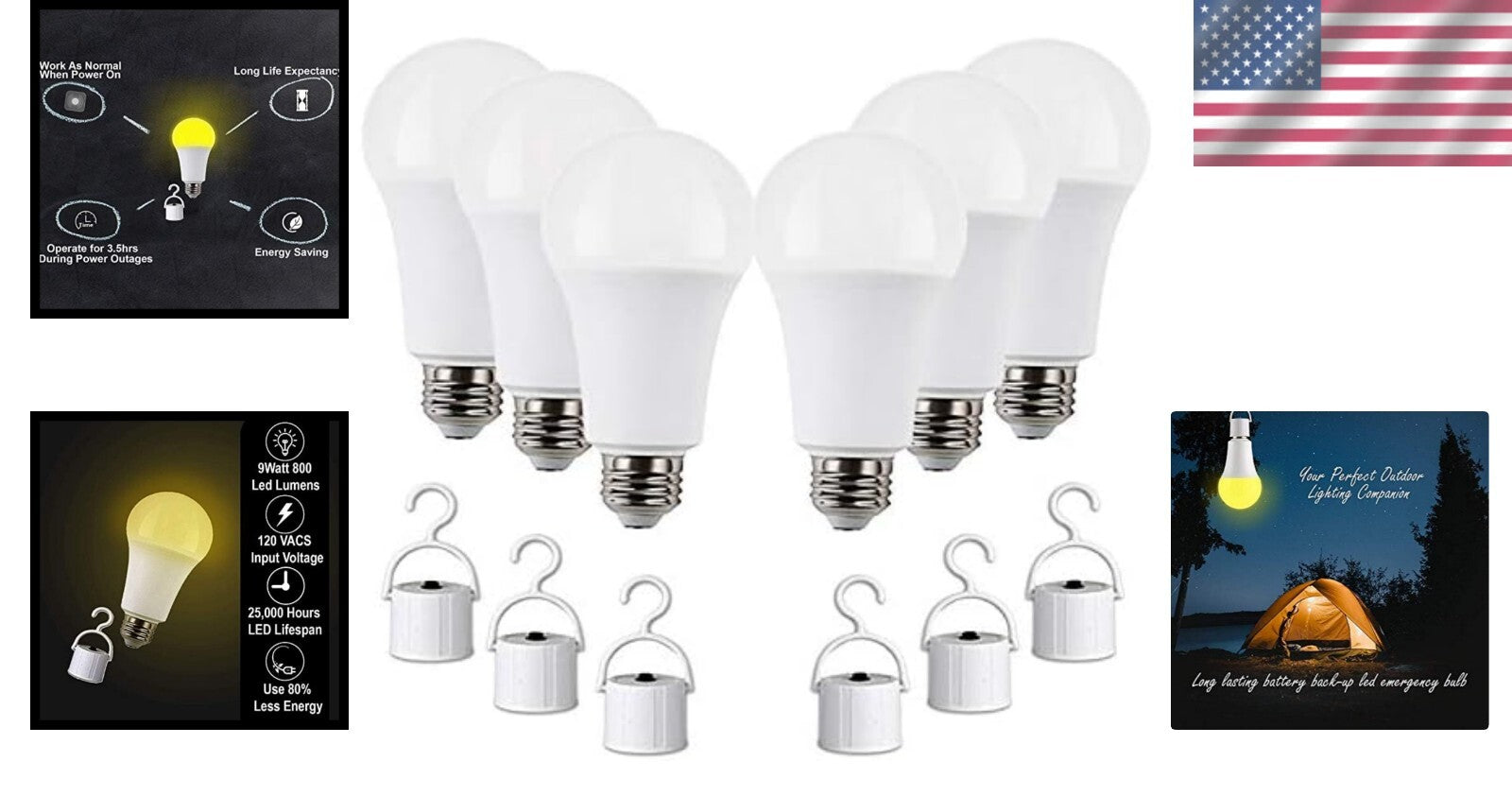 Durable Rechargeable LED Light Bulb with Backup Power - 6 Pack for Home/Office