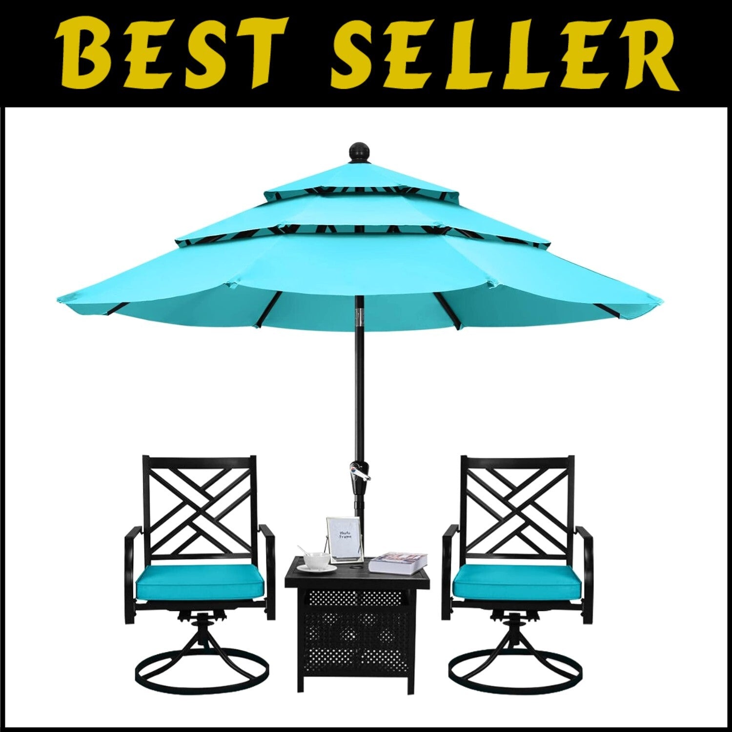 9FT Waterproof Patio Umbrella - 3-Tier Turquoise Shade for Outdoor Relaxation