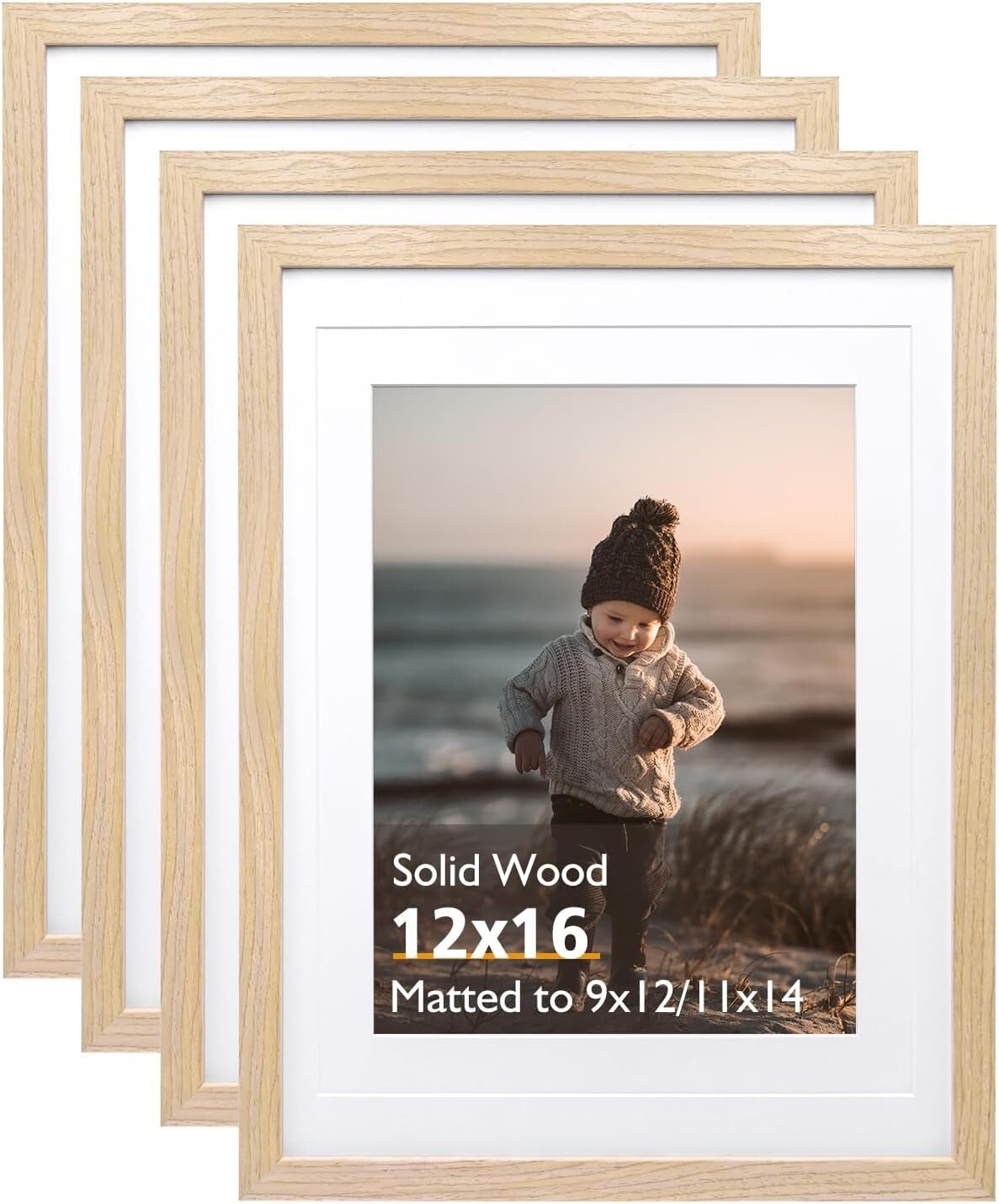 Natural Finish 12x16 Wall Frames with Mat - Ideal for Home Display, Set of 4
