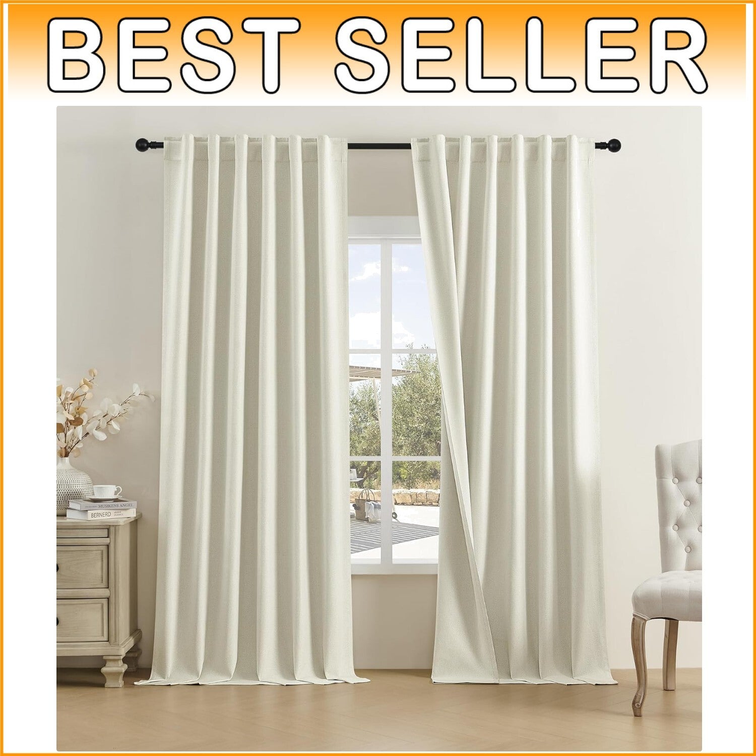 Beige Faux Linen Full Blackout Curtains 108" - Modern Insulated Drapes Set of 2