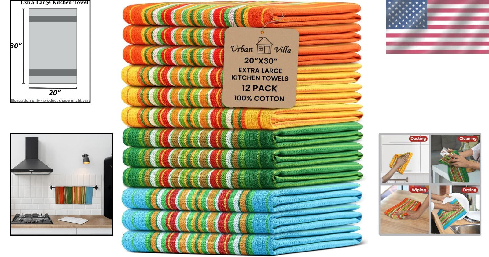 Absorbent 100% Cotton Kitchen Towels - 12 Pack, Reusable & Lint-Free Dish Cloths