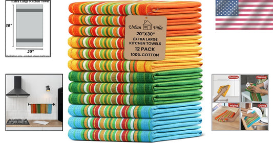Absorbent 100% Cotton Kitchen Towels - 12 Pack, Reusable & Lint-Free Dish Cloths