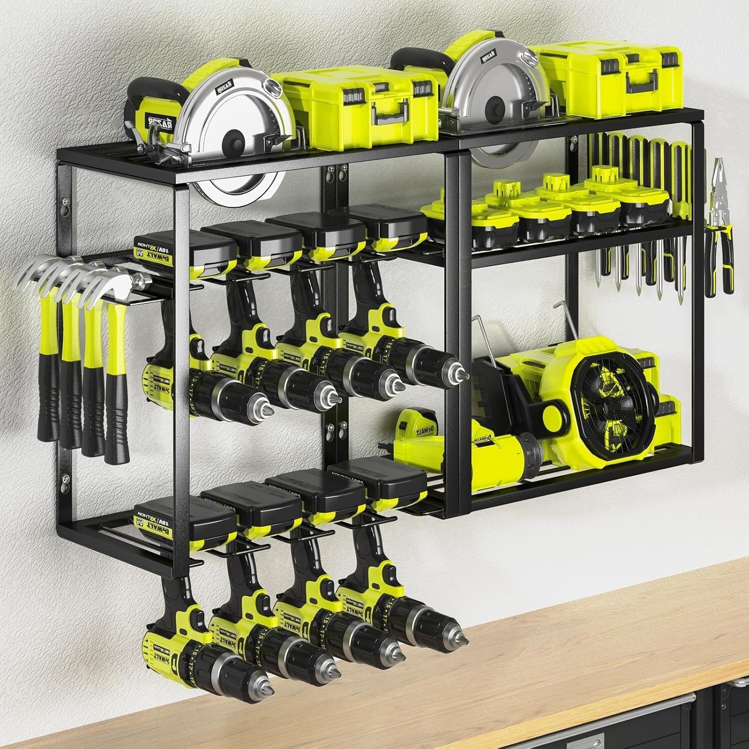 8 Drill Holder Garage Tool Rack - 6-Layer Carbon Steel Storage Shelf for Tools