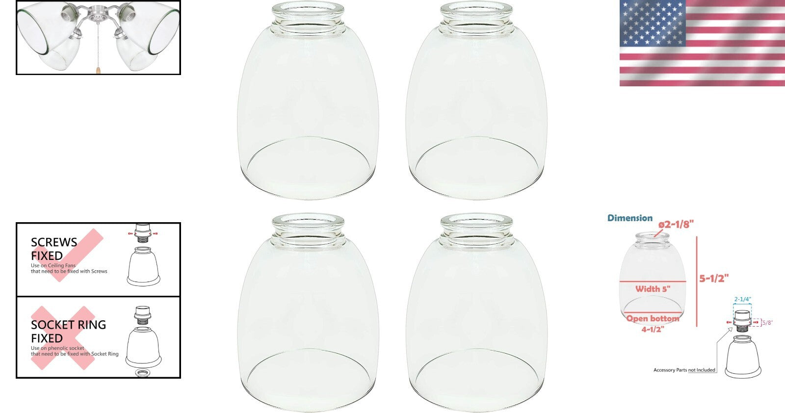 4-Pack Clear Bell Replacement Glass Shades, 2-1/8" Fitter for Modern Fixtures