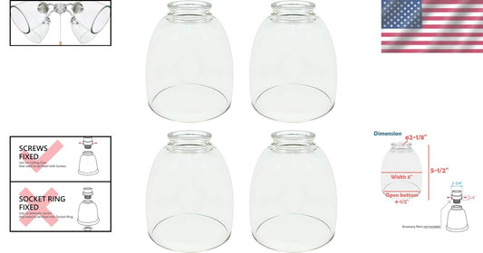 4-Pack Clear Bell Replacement Glass Shades, 2-1/8" Fitter for Modern Fixtures