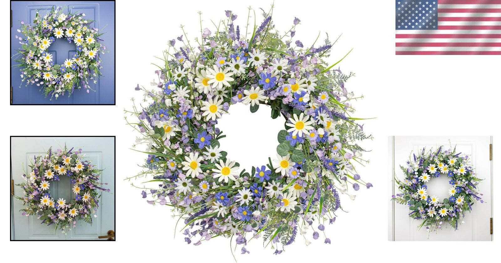 Handmade Blue Spring Wreath with White Sunflowers for Front Door Elegance
