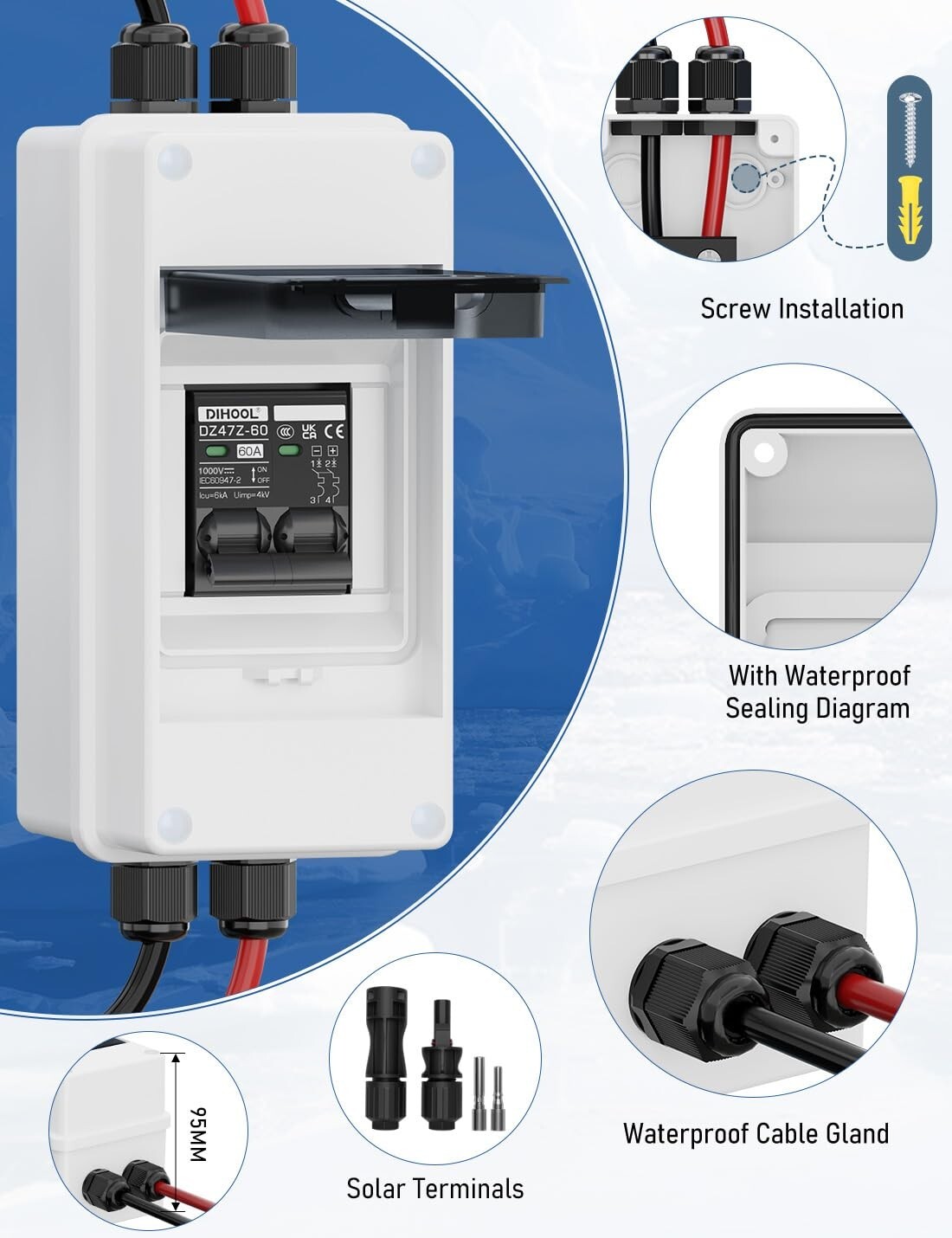 60 Amp Solar Disconnect Switch - IP65 Waterproof Miniature Circuit Breaker