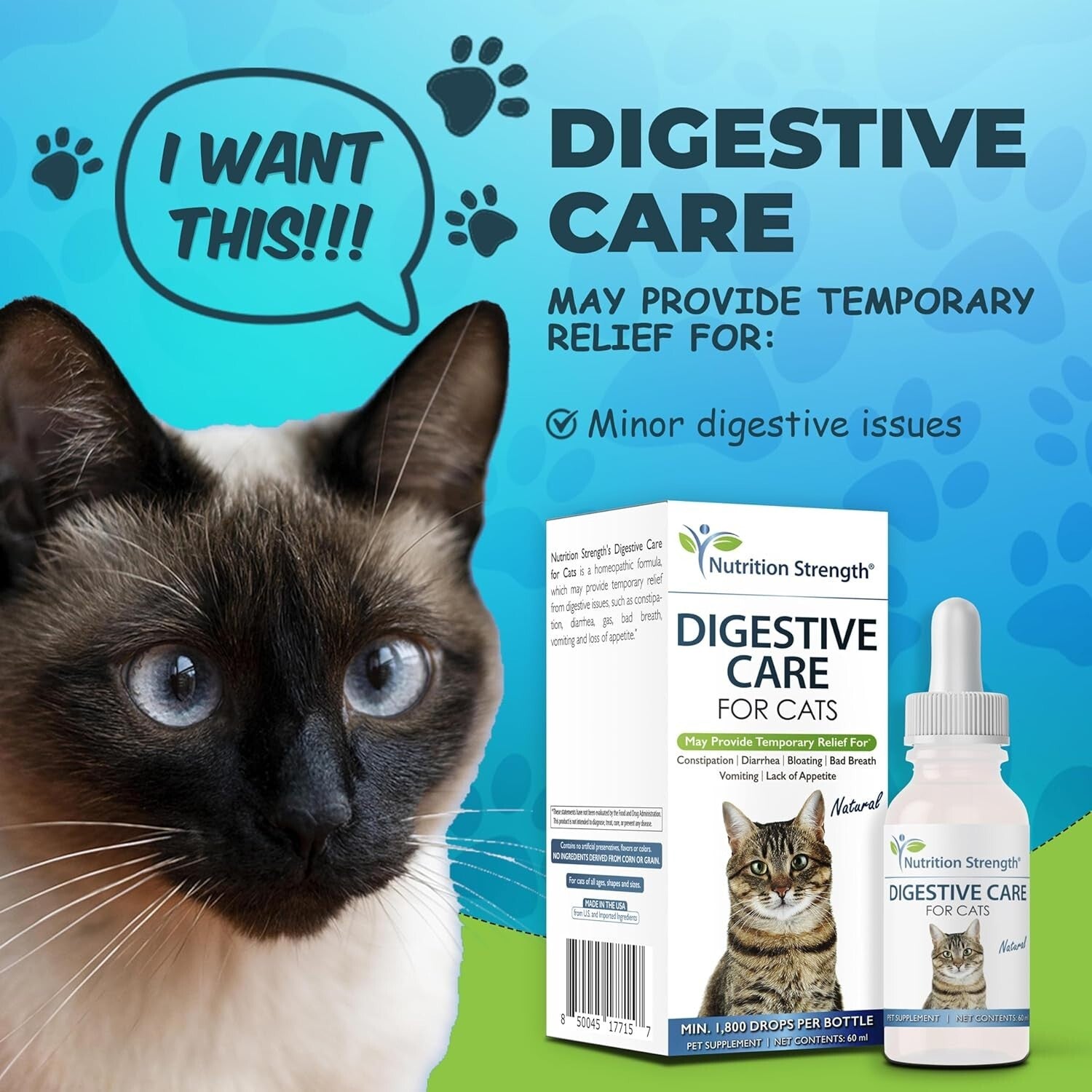 Gentle Digestive Care Drops for Cats - 60ml Natural Constipation & Diarrhea Aid