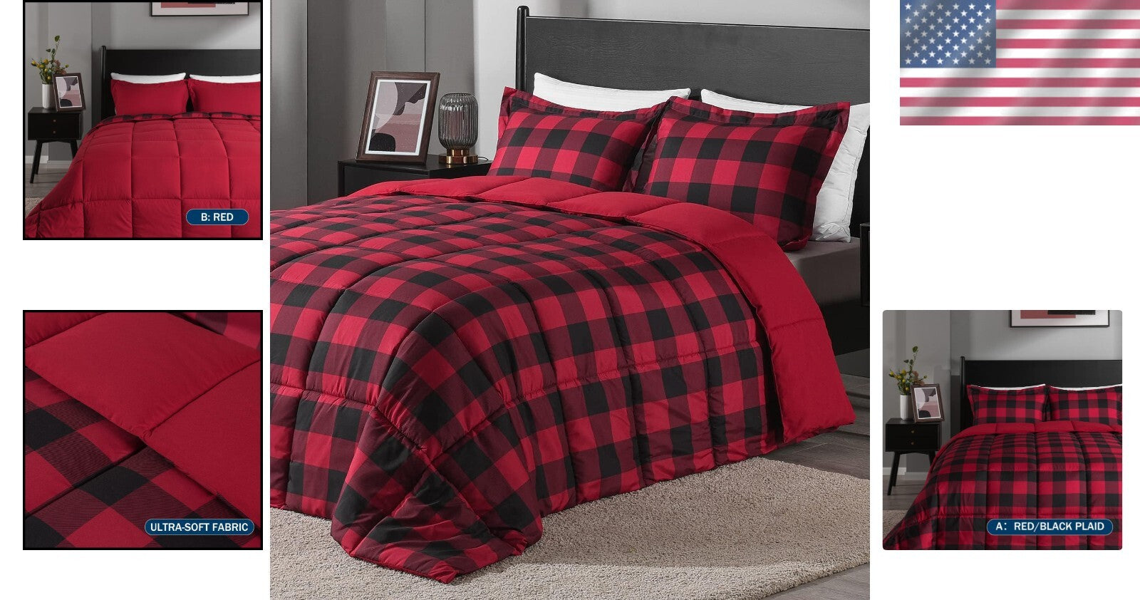 Durable and Soft King Size Comforter Set - Red/Black Plaid Pattern - 3 Pieces