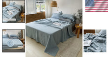 Load image into Gallery viewer, Luxurious 100% Pure Flax Linen Bed Sheet Set in Dusty Blue - Queen Size 4-Pcs