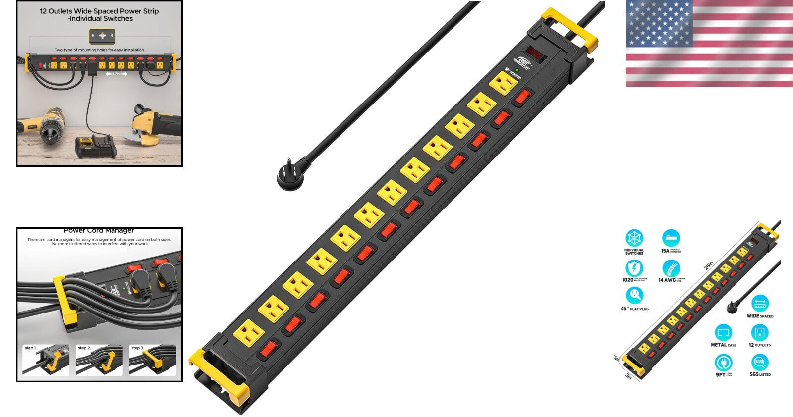 Durable 9FT Metal Power Strip with 12 Outlets & Individually Controlled Switches