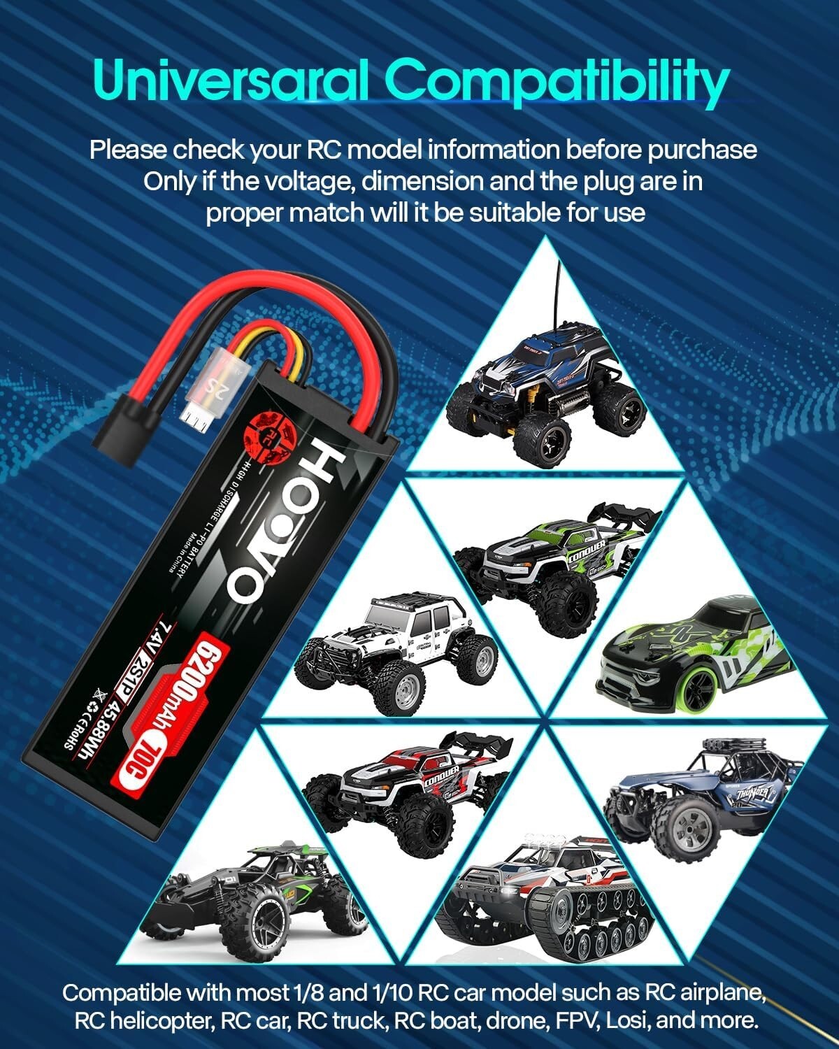 7.4V 6200mAh 2S Lipo Battery with Tracxas Plug - Perfect for RC Cars & Drones