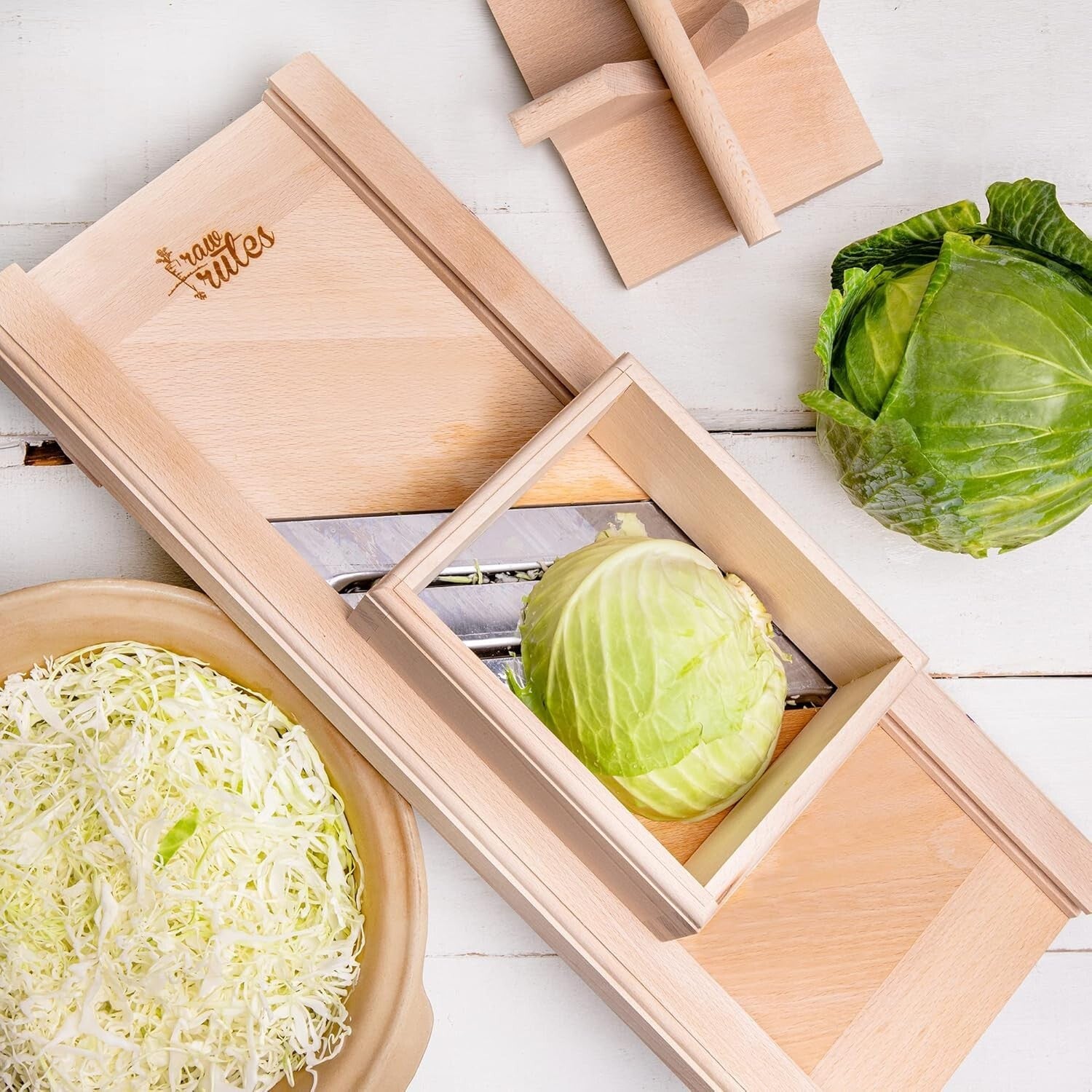 Natural Beech Wood Cabbage Shredder with Safety Guard - Perfect for Sauerkraut
