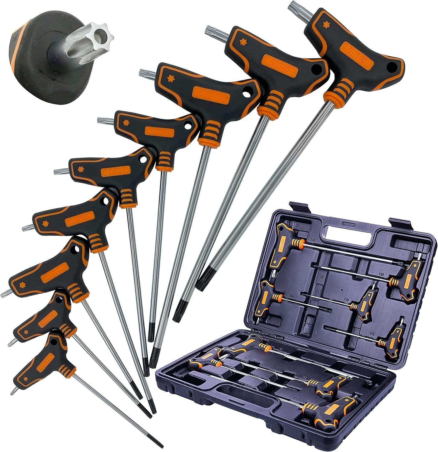 Durable T-handle Torx Wrench Set - Precision Cut Sizes T10 to T50 in Storage Box