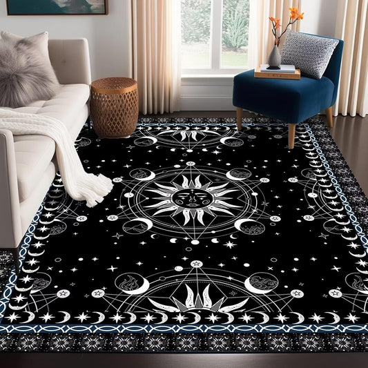 Whimsical 5' x 7' Black Polyester Floral Rug with Anti-Slip Design for Home Use
