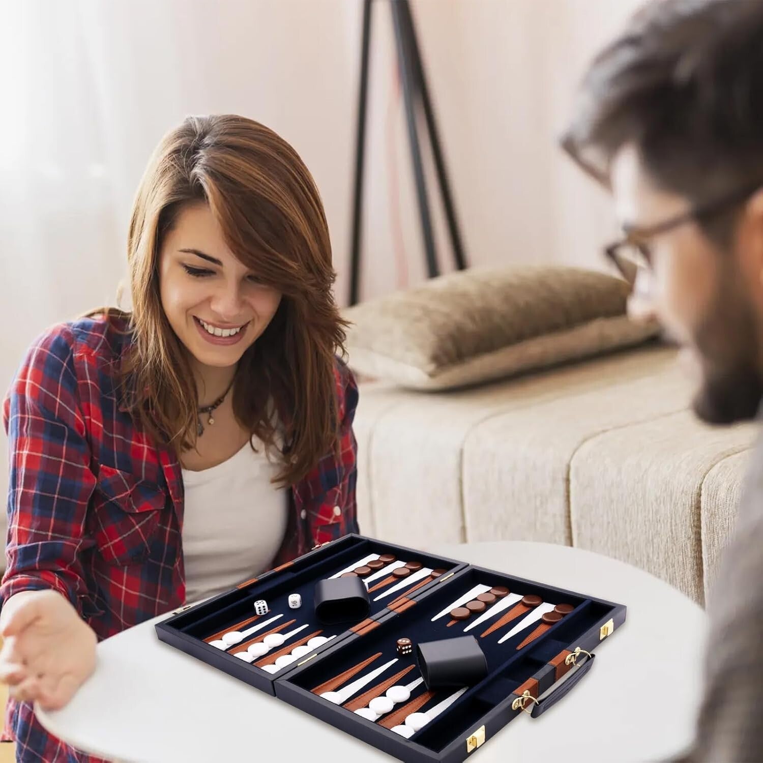 Premium Leather Backgammon Set - Classic 15-Inch Portable Game in Navy