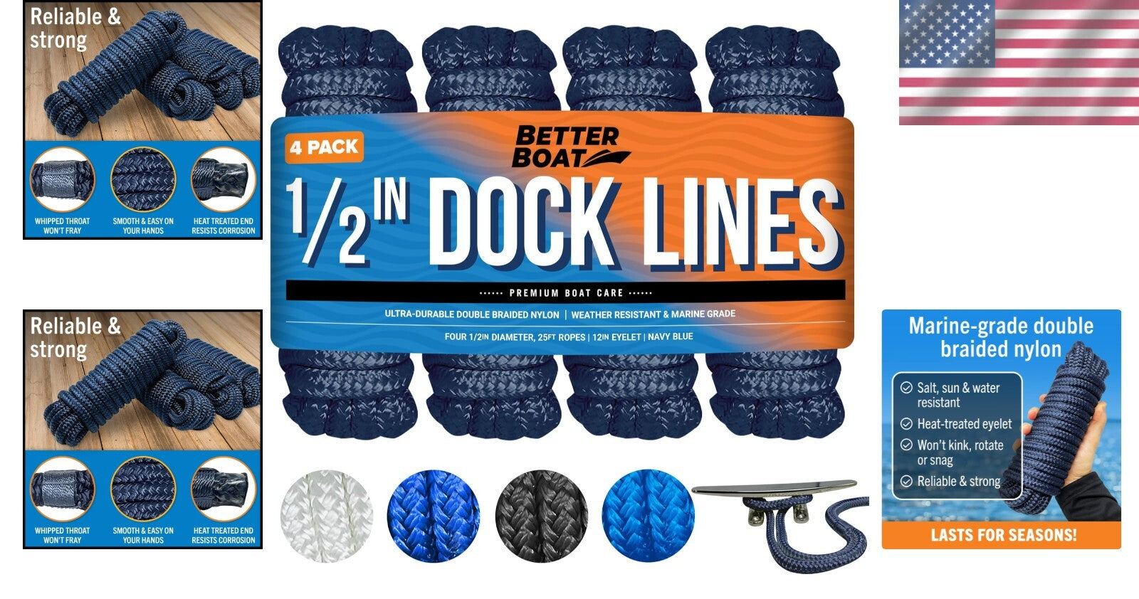 Saltwater Resistant Braided Docking Lines - 1/2 Inch Nylon, 25FT in Navy - 4PK