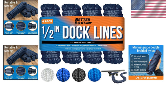 Saltwater Resistant Braided Docking Lines - 1/2 Inch Nylon, 25FT in Navy - 4PK