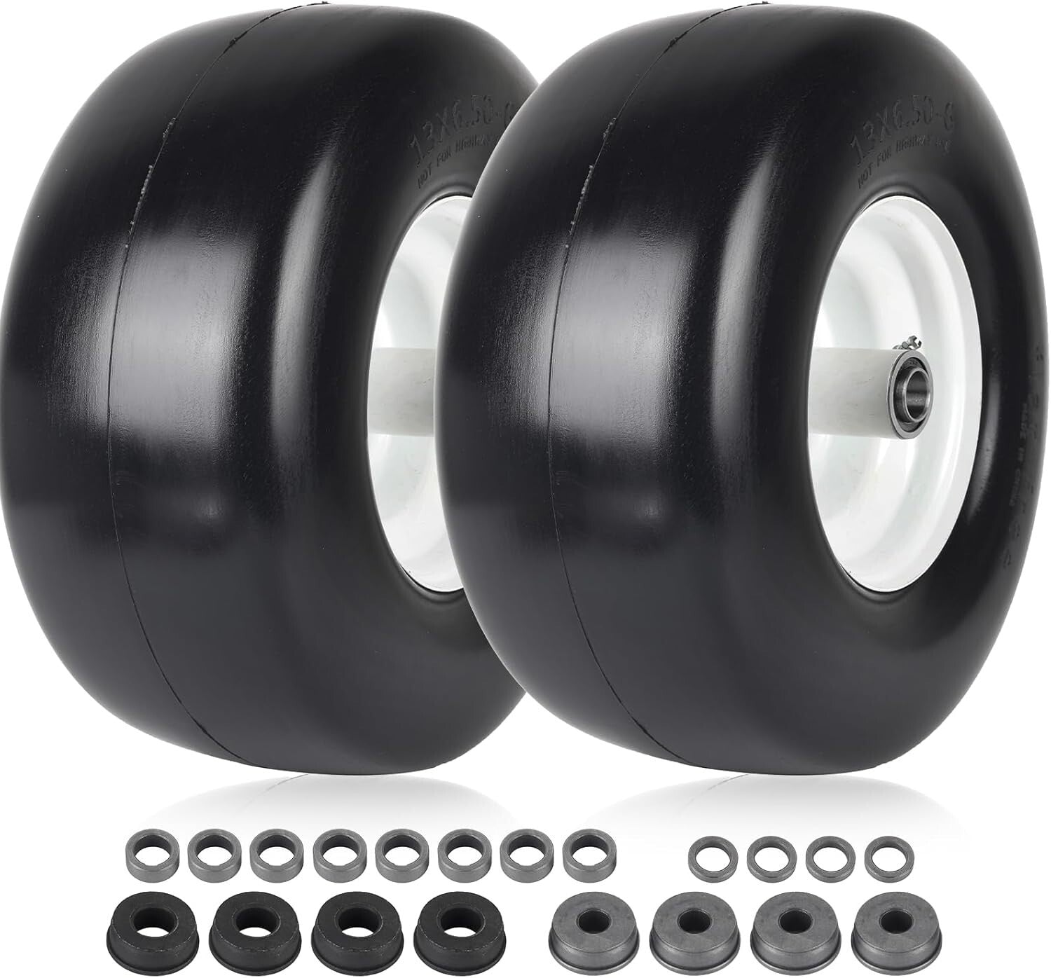 2-Pack Lawn Mower Tires - 13" Flat-Free Rubber with Rim for Smooth Turf Treads