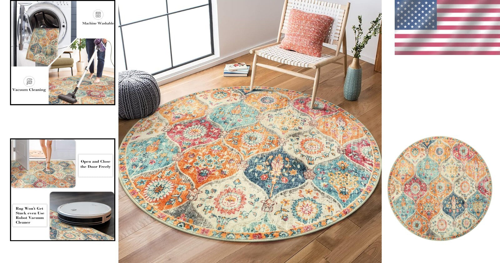 Washable Ultra-Thin Round Rug - 4ft Non-Slip Floral Carpet for Entryway & Home