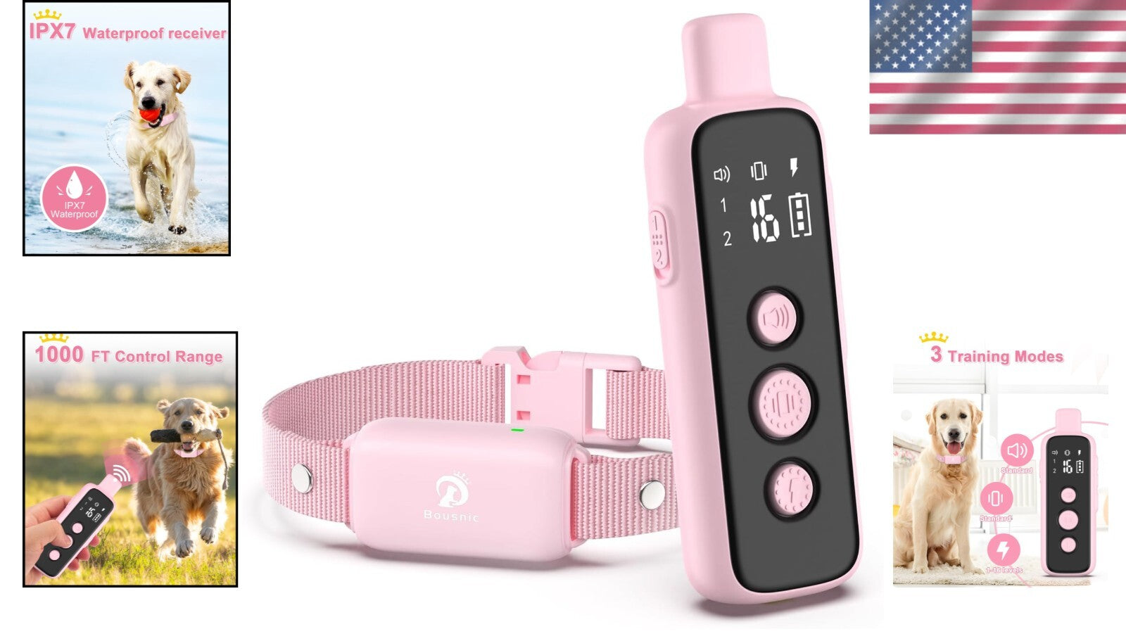 Light Pink Dog Training Collar with Beep, Vibration & Shock - Adjustable Size
