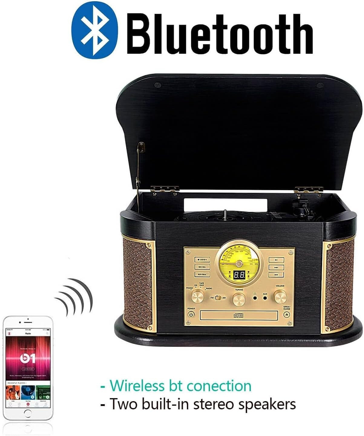 Classic Style All-in-One Turntable: Bluetooth, CD/Cassette Player & MP3 Encoding