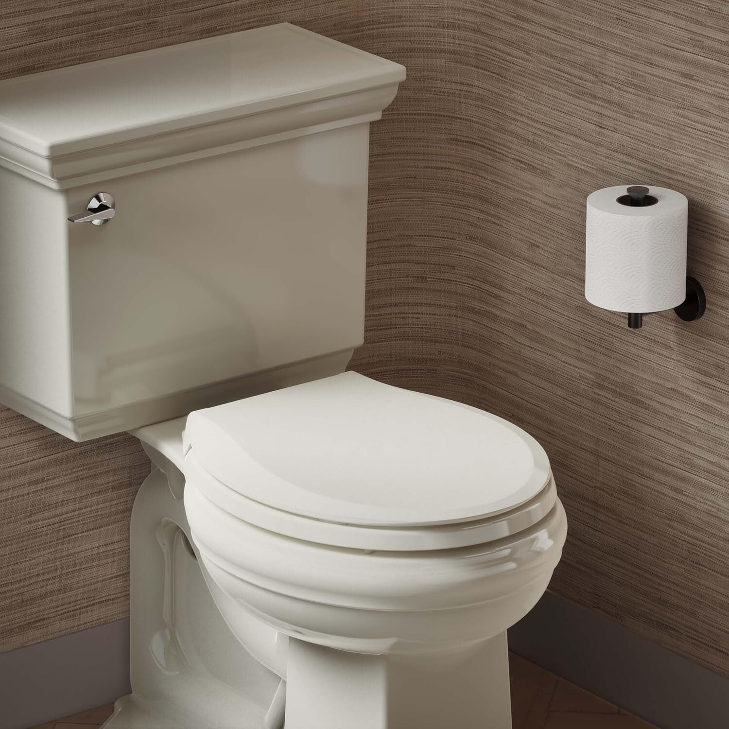 Modern Almond Round Toilet Seat with Grip-Tight Bumpers and Quiet-Close Lid