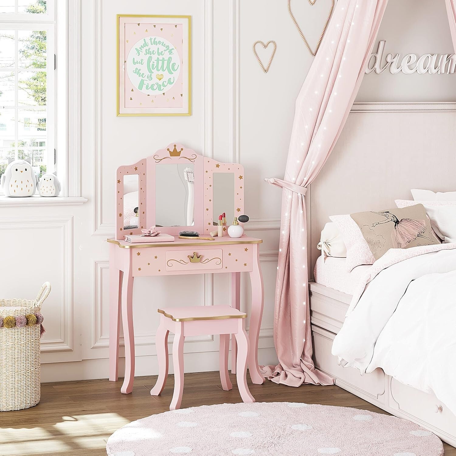 Elegant Kids Vanity Set with Pink Mirror and Stool - Perfect for Little Girls