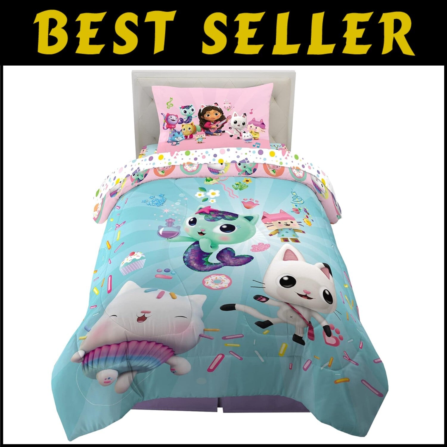 Gabby's Dollhouse Cakey & MerCat Twin Bedding Set - 4 Piece Super Soft Comforter