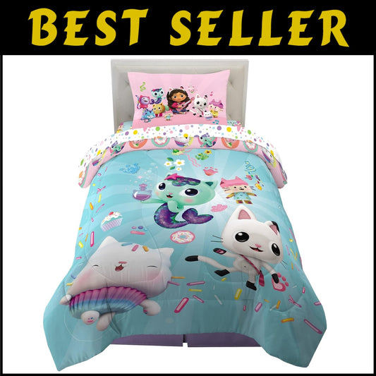 Gabby's Dollhouse Cakey & MerCat Twin Bedding Set - 4 Piece Super Soft Comforter