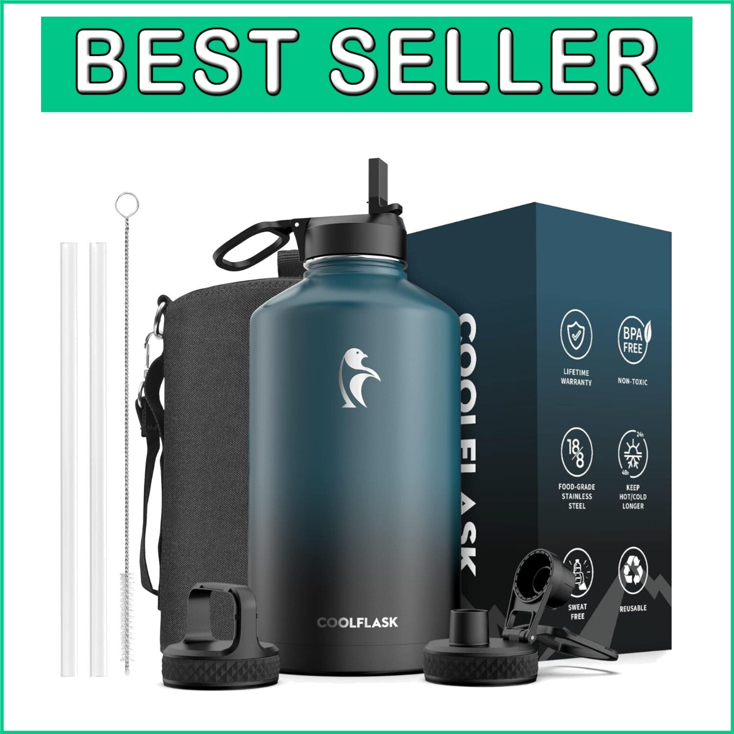 128 oz Stainless Steel Water Bottle - Travel-Ready with Flexible Drinking Lids