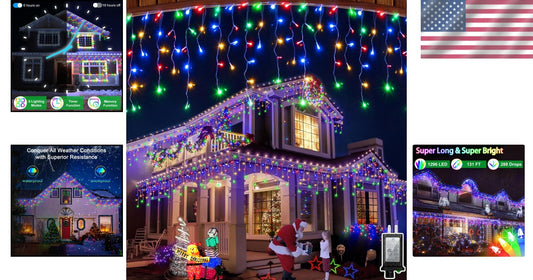 131FT Waterproof LED Curtain Lights - 1296 Multicolor Drops & Timer Function