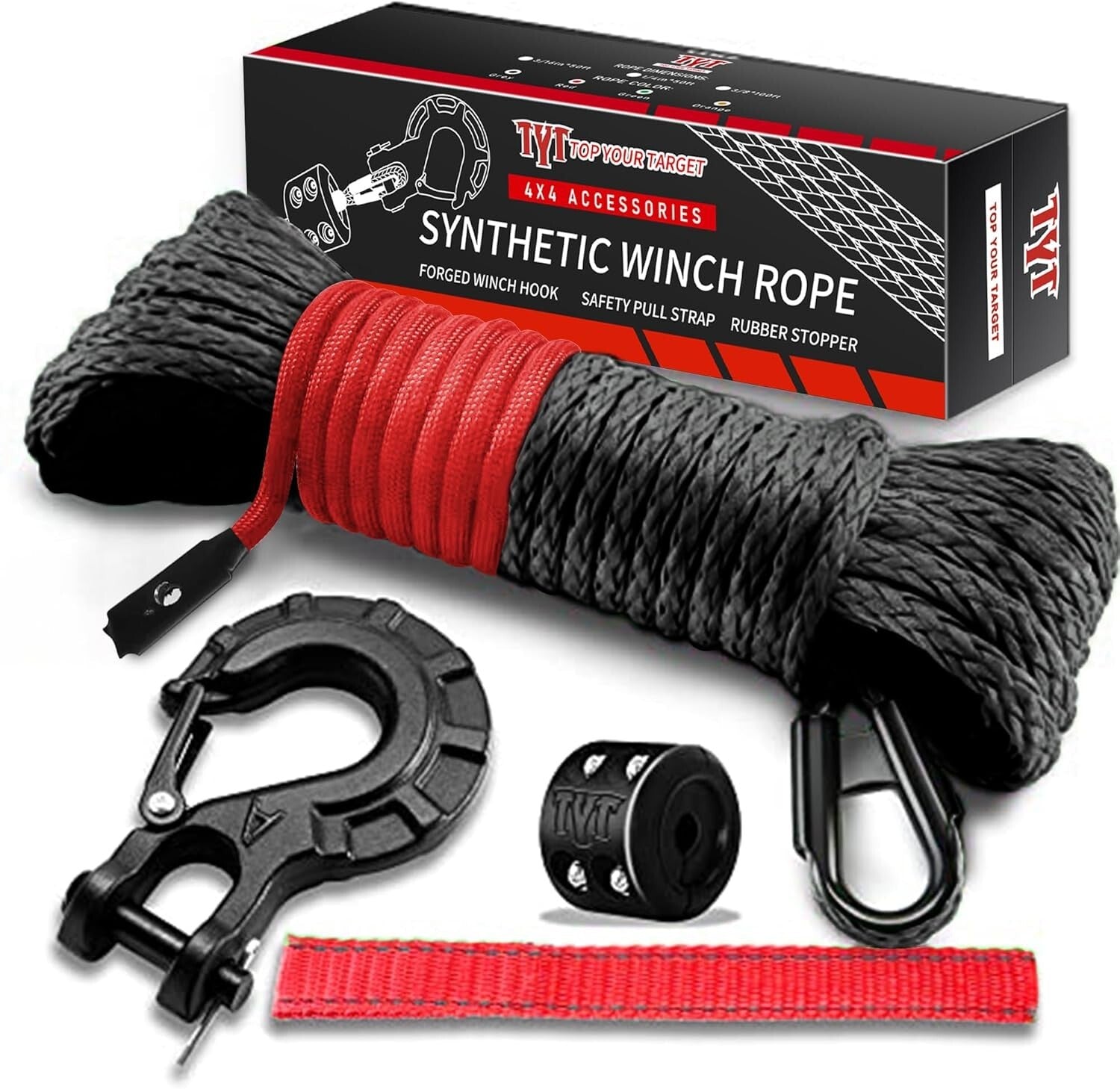 1/4''x50' Synthetic Winch Rope with Hook & Safety Strap - 35000 Lbs Strength