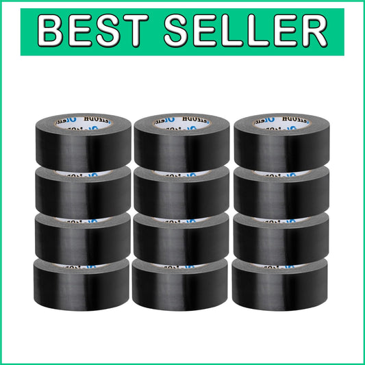 All-Weather 2 Inch Black Duct Tape Bulk - 12 Rolls, Strong Adhesive for Repairs