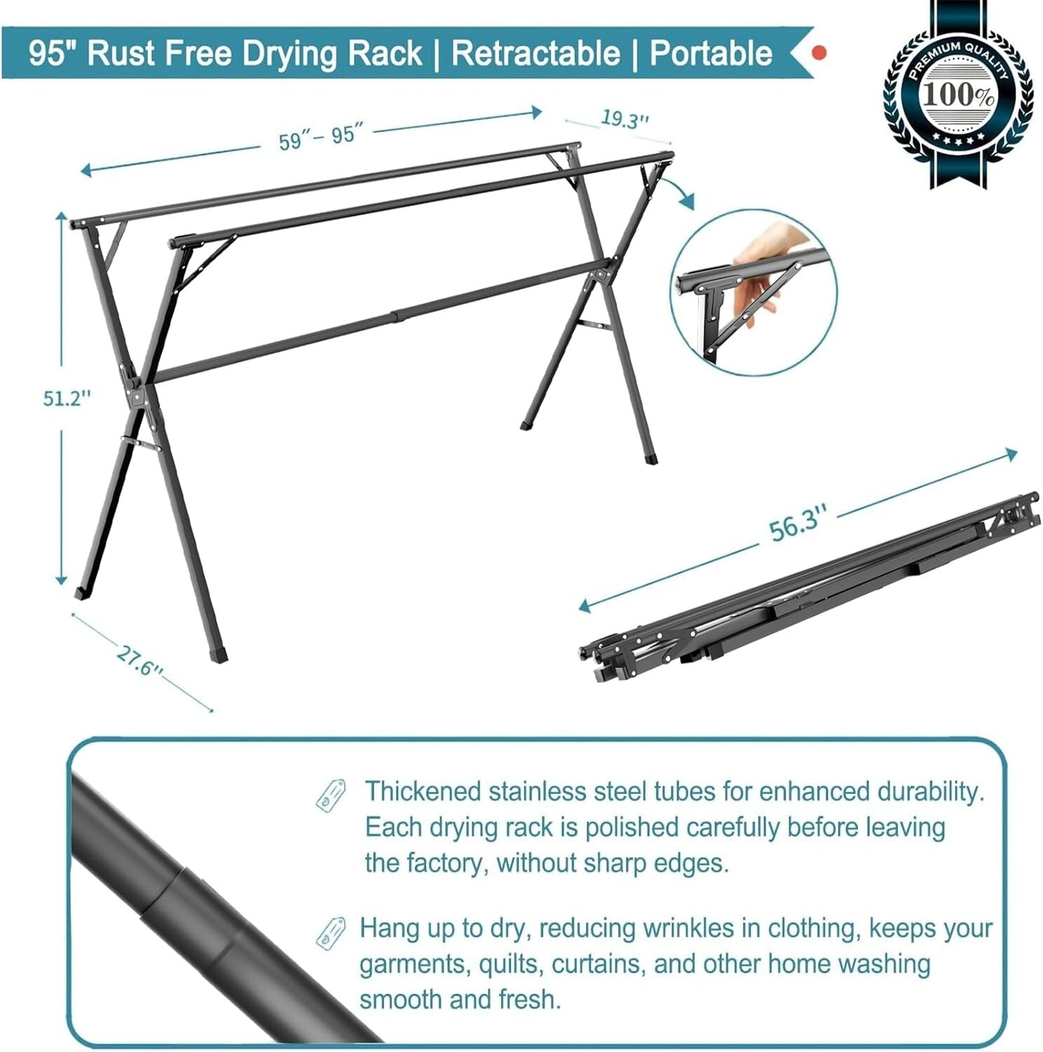 95 Inches Heavy-Duty Stainless Steel Clothes Drying Rack - Foldable & Portable
