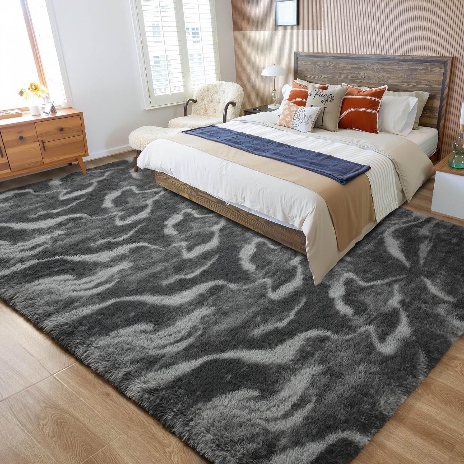 Elegant Black & White Shag Rug, 6x9 Feet Soft Velvet for Cozy Living Spaces