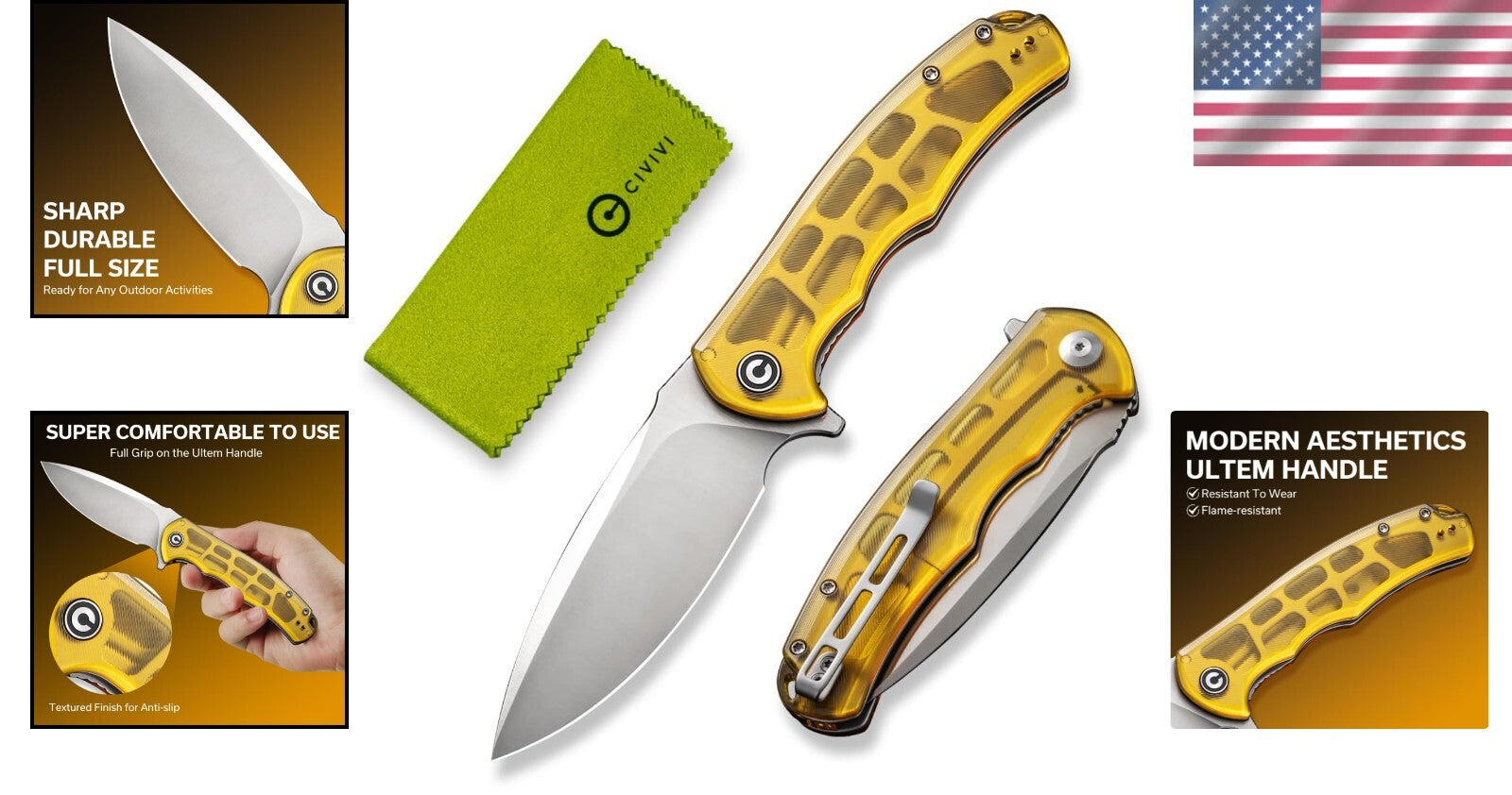 Durable Amber Ultem Handle Pocket Knife - 3.75" EDC Blade, Ideal for Outdoor Use
