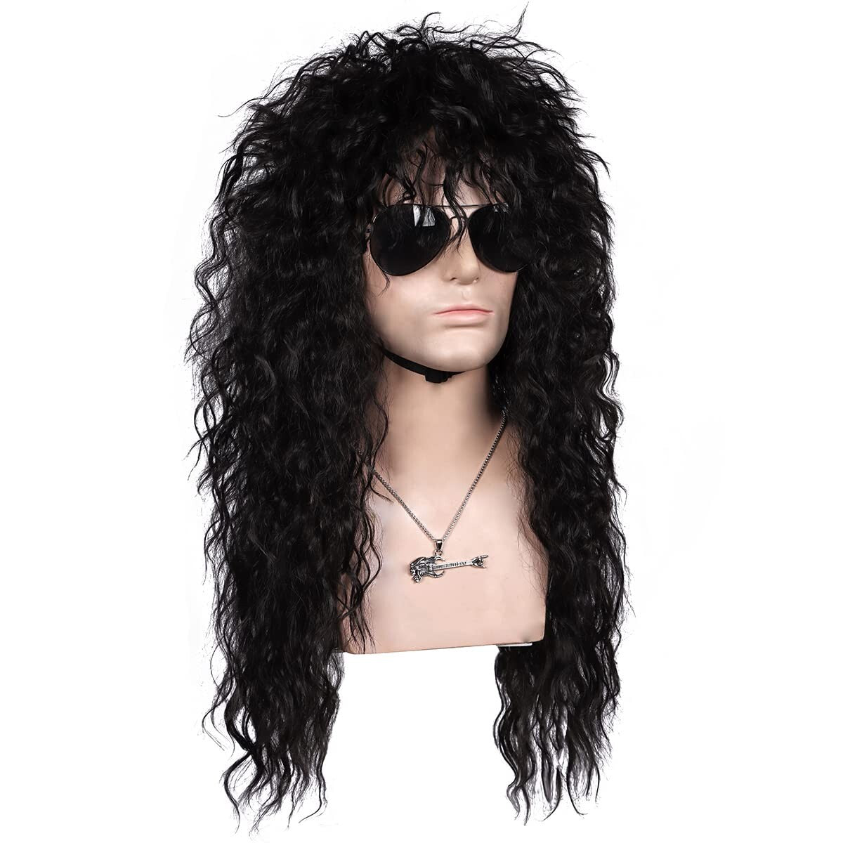 Adjustable Long Black Wig with Necklace - Perfect for 80s Cosplay & Fashion