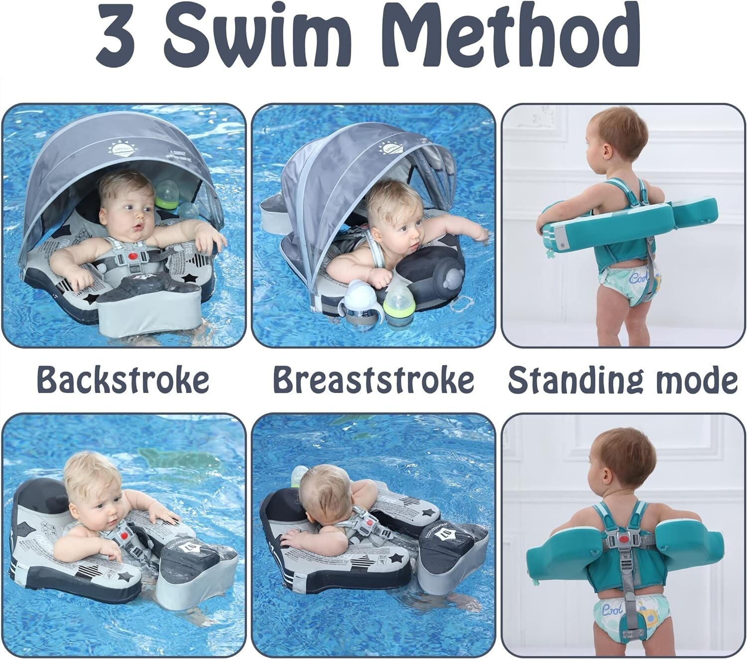 Adjustable Baby Swim Float with UPF Canopy - Perfect for Infants 3-48 Months