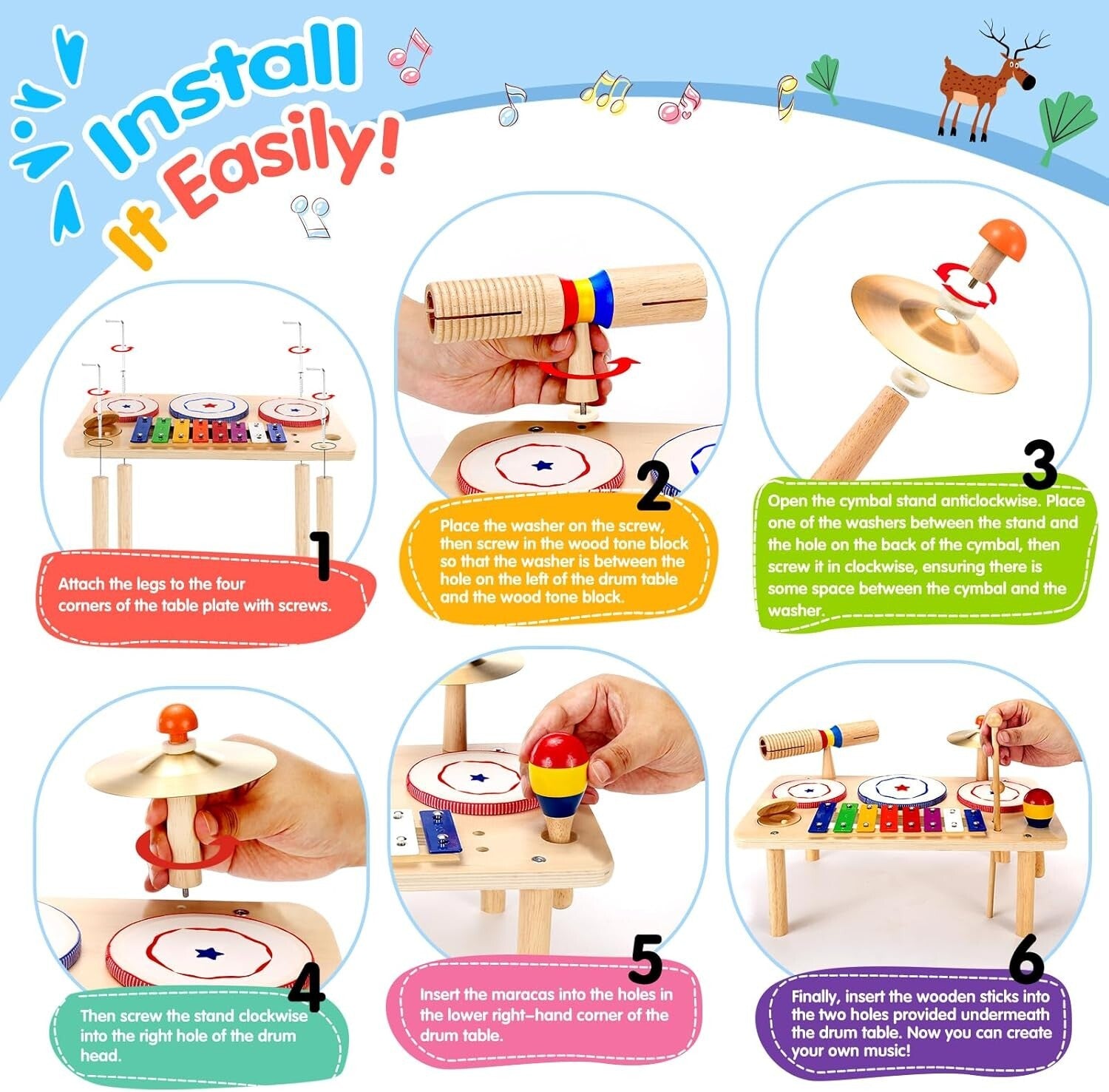 Wooden Kids Drum and Xylophone Set: Educational Musical Instruments for Toddlers