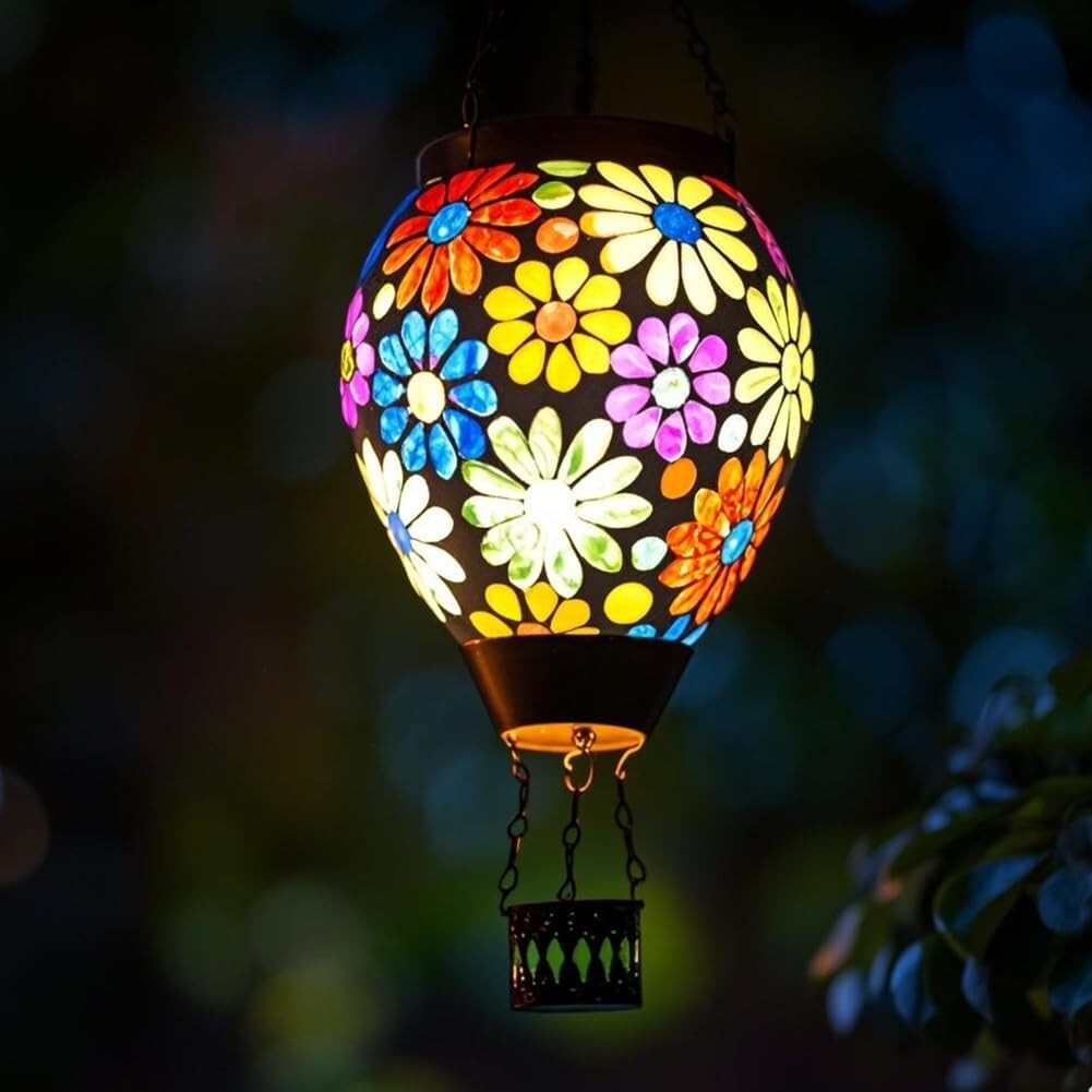 Waterproof Glass Mosaic Hot Air Balloon Lantern - Solar Powered Elegance
