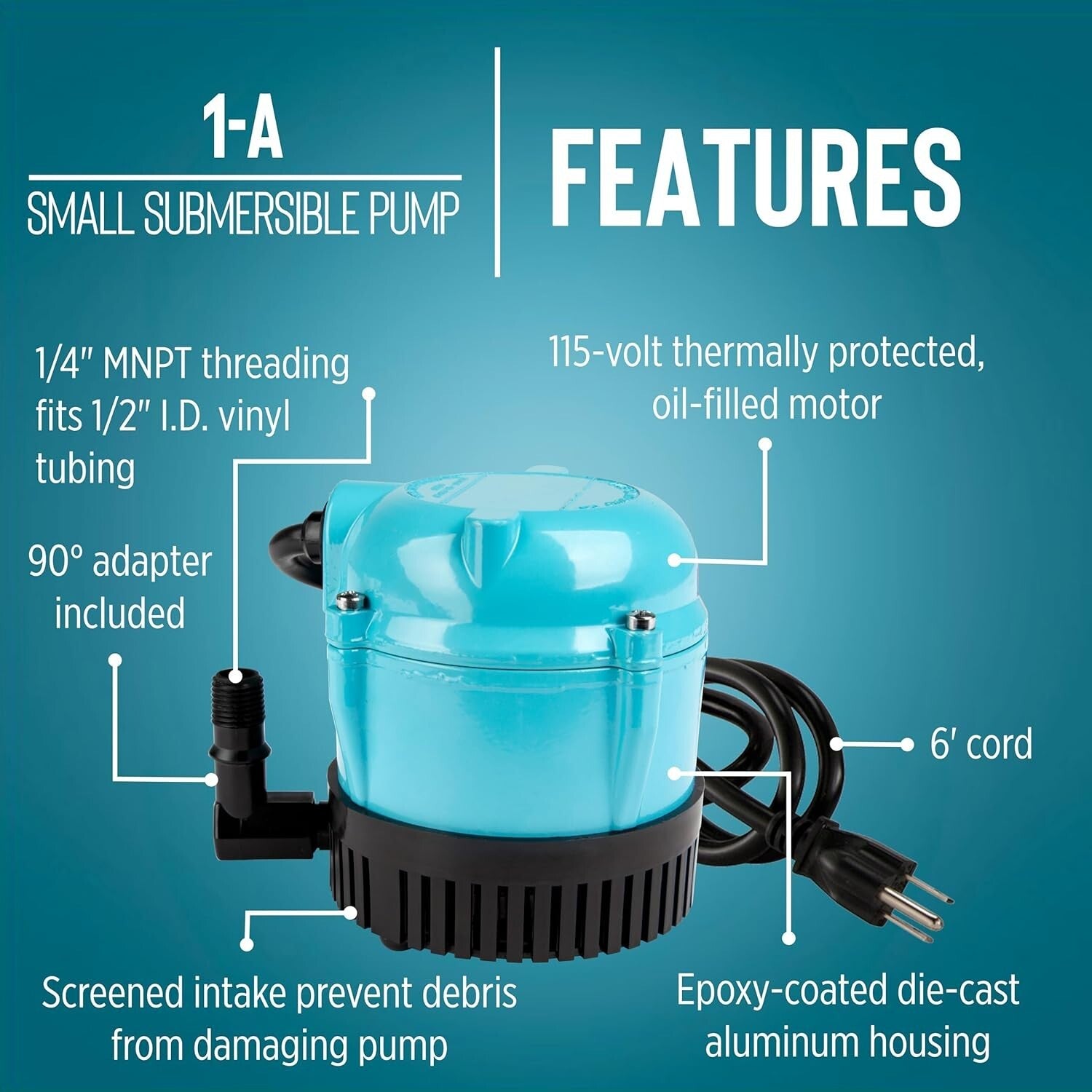 1-A 115V 170 GPH Submersible Pump - Epoxy Coated for Fountains & Hydroponics
