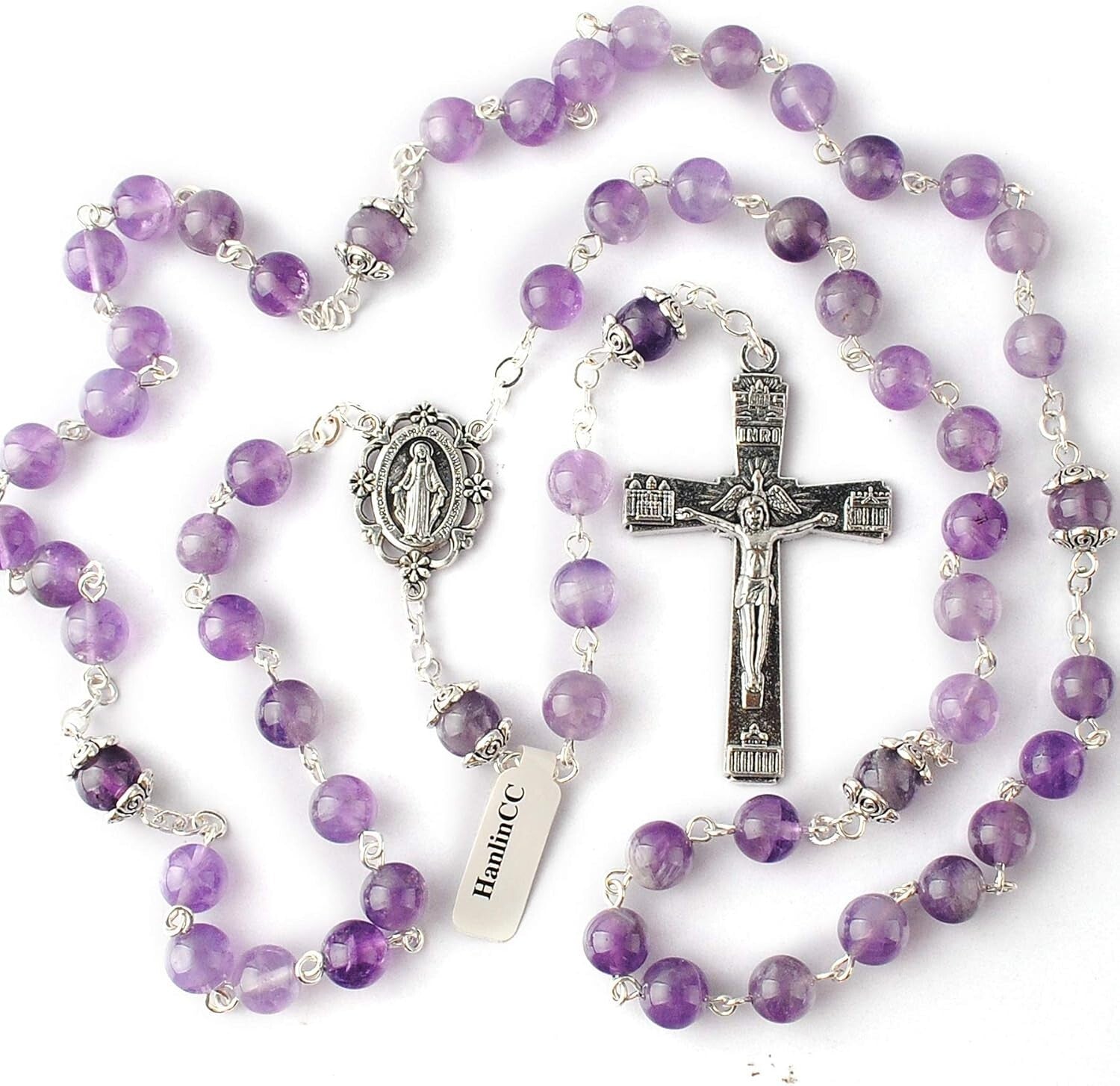 Luxury Amethyst Crystal Rosary Necklace with Detailed Engravings & Faux-Silver